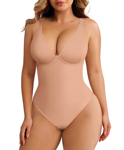 Image of FeelinGirl Shapewear Bodysuits for Women Tummy Control Body Suits Deep V Neck Thong Body Shaper