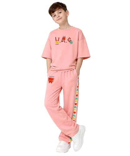 Image of SHODOX Boys Poly Blend Relaxed Fit Co-Ord Set | Printed T-Shirt & Track Pants | Soft Breathable Stylish Summer Casual Comfort Wear for Boys