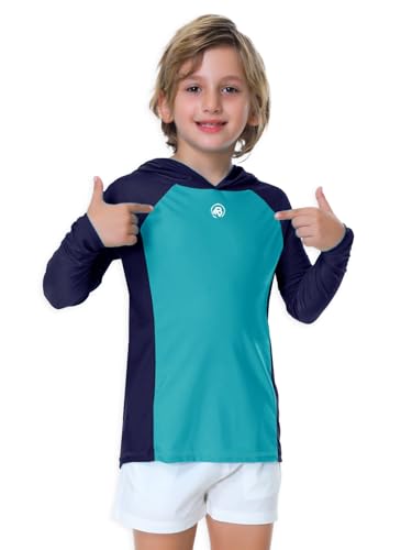 Image of AOBUTE Unisex Kids Long Sleeve Hoodie Rash Guard Boys UPF 50+ Swim Top with Thumb Hole 3-12 Years