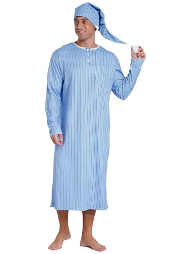 Men's Casual Pajama Sets Long Sleeve Striped Robe Pullover Nightshirt Sleeping Cap with Pom Balls2