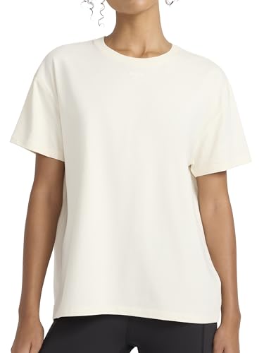 Reebok Women’s Embroidery Hit All Short Sleeve Crewneck T-Shirt, Oversized Fit, Lightweight Stretch Cotton Fabric, Alabaster, Large - image 1