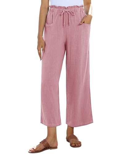 Image of siliteelon Wide Leg Linen Pants for Women Summer Capri Palazzo Flowy Pants Casual Loose High Waist Trousers with Pockets