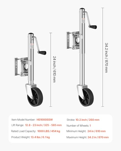 Image of VEVOR Trailer Jack with Wheel, 1000 lbs Load Capacity, Heavy Duty Swivel Boat Trailer Jack with PP Single Wheel & Ergonomic Handle, 10-inch Lift, Fit for RVs, Boats, Horse Trailers, Utility Trailers