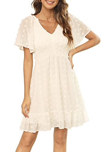 Annebouti Women Flutter Sleeve V Neck Ruffle Floral/Swiss Dot Smocked Mini Dress, Solid Cream Yellow, X-Small