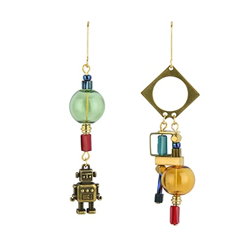 Steampunk Earrings Industrial Jewelry Mismatched Robot Yellow Glass Ball Dangle Earrings for Women