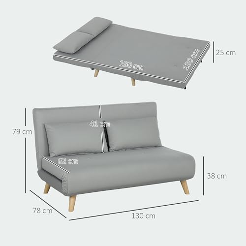 HOMCOM 3 in 1 Schlafsofa 130 x 190 cm Sofa mit Bettfunktion, Klappbar Couch mit Lendenkissen, Samtoptik, Verstellbarer Rückenlehne für Wohnzimmer, Schlafzimmer, Hellgrau