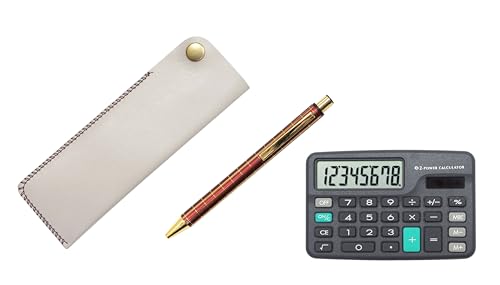 ミニ電卓付 横ホックペンケース白 NQ30K 太軸金属ストレートノック・ダブルアルマイト加工格子ボールペンセット 赤 T23-D-NK01W-NQ30KB-R