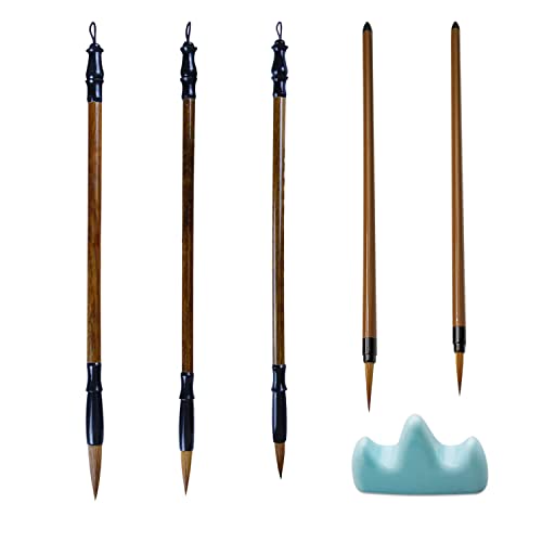Knana 6pcs Calligraphy Brush Painting Writing Watercolor Calligraphy Brushes Holder Set Writing Sumi Hubi Maobi Drawing Ink Art Kanji Painting Wooden Brush Pencaligraphy Kits for Beginners