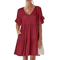 ANRABESS Feminino Vestidos Para Mulheres Verão 2025 Decote Em V Babados Mangas Corte A Camadas Fluido Casual Tendência Mini Vestido De Praia Com Bolsos Bordô Xxl