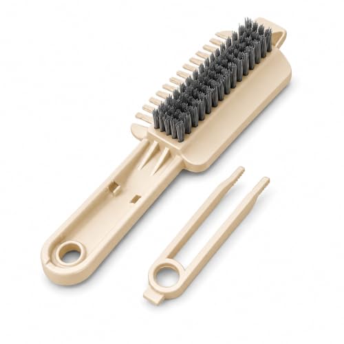 Image of 5-in-1 Multi-Purpose Crevice Cleaning Brush with Built-in Scraper, Comb & Tweezer | Hard Bristle Deep Cleaning Brush for Bathroom Kitchen Sink, Stove Tile Grout Corners Window Tracks & Narrow Gaps