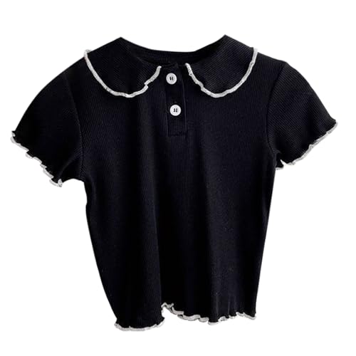 Girls Lettuce Trim Ribbed Collar Shirt Short Sleeved Crewneck Lapel T Shirt Toddler Kids Casual Blouse Tee Tops