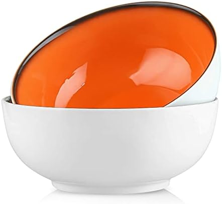 DUS Porcelain Salad Bowl Large Soup Bowls 8 Inch 54 oz Serving Bowl set of Two for Salad Noodles and Soup - White with Inside Color (Orange)