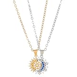 Sun Moon Necklace Set Stackable Necklace for Women Men Sparkling Gold Silver Rhinestone Sun Pendant Necklace Couple Necklaces Matching Necklaces as Friendship Best Friend Jewelry for Women Men (Gold+Silver)