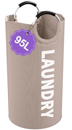 Image of 95L Folding Laundry Basket for Singles, Large Laundry Hamper with Aluminum Handles, Freestanding Dirty Clothes Basket, Sturdy Oxford Fabric Clothes Hampers for Travel, Dormitory, Khaki