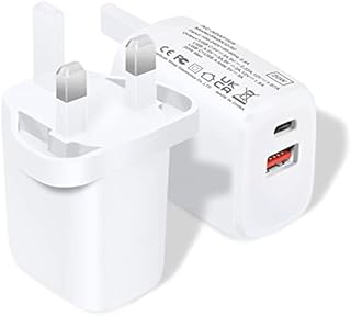 2 Pack Dual USB Plug UK, 20W 3 Pin Mains Charger Wall Power Adapter Compatible with Mobile Phones: iPhone, Samsung, LG, Android