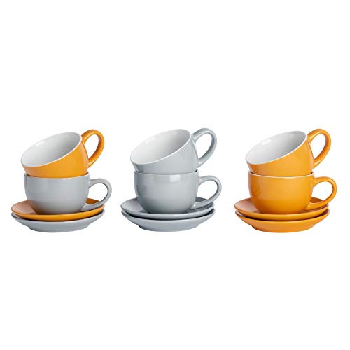 Argon Tableware 12 Piece Coloured Cappuccino Cup & Saucer Set - Modern Stoneware Tea & Coffee Cups - 250ml - Grey/Yellow