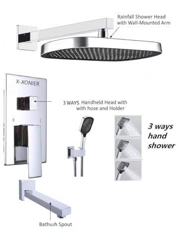 Image of X-XONIER Modern Bathroom Brass Concealed Shower System Body High Flow 3 Ways Diverter Full Set, 33x23 cm Rainfall Head with 3 ways Hand Shower and Tub Spout, Chrome
