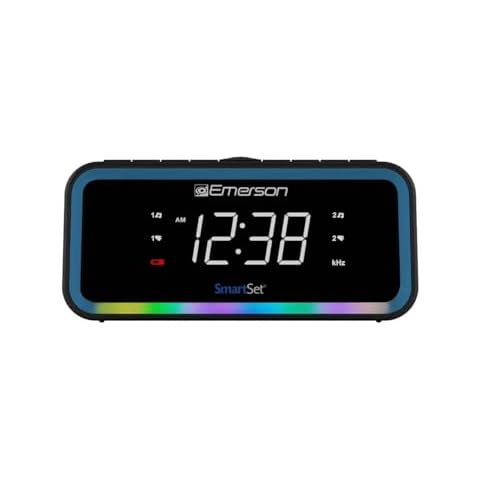 Emerson CKS1401 Smartset AM/FM Dual Alarm Clock Radio with 0.9” White LED Display with 4-Level Dimmer Control, USB-C Charging, and 2-Level Multi-Color LED Decor Cover