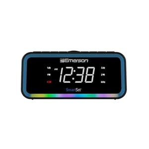 Emerson CKS1401 Smartset AM/FM Dual Alarm Clock Radio with 0.9” White LED Display with 4-Level Dimmer Control, USB-C Charging, and 2-Level Multi-Color LED Decor