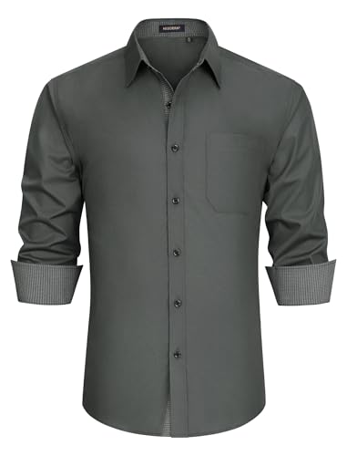 HISDERN Camisa para hombre camisa formal casual camisas de negocios camisas casuales camisas de manga larga algodón clásico corte regular camisas, Gris-3, XL