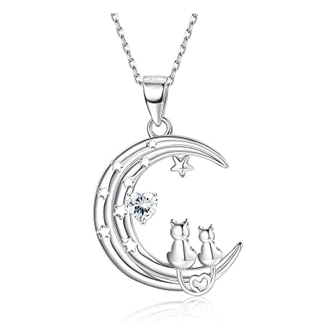 Adramata Women Necklace 925 Sterling Silver Cat Pendant Necklace- On Moon Pendant Necklace Double Cute Cat Necklace Jewelry for Anniversary Birthday,B Cover