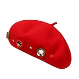 Damen-Wintermütze, Wollmütze, warm gefüttert, gehäkelt, Strickmütze, Vintage-Wollmütze mit Weihnachtsdekoration, weicher warmer Mütze, französischer Paris-Mütze, modische Wintermütze für Damen