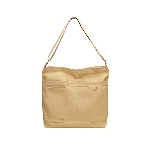 Image of Cotton Tote Handbag Women Canvas Crossbody Beach Bag Hobo Shoulder Tote Bag with 3 External Pocket,Zipper Closure