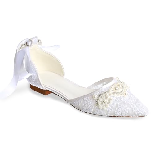 Women's Pearl Ivory Flat Wedding Shoes for Bride Lace Rhinestones Pointed Toe Comfortable Bridal Dress Shoes