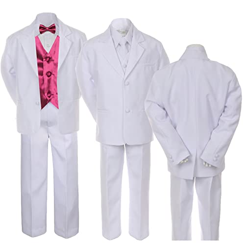 7pc Burgundy Vest Bow Tie Boy Baby Toddler Kid White Formal Suit Tuxedo S-20 (Medium (6-12 months))
