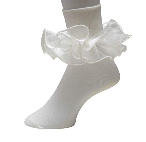 Girls Double Ruffle Socks - Big Full Organza with Trim Pageant Fanfare Foldover Ankle Style - 6-12 Month Old (Size 3-4, Ivory w/ Ivory Trim)