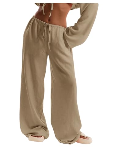 Womens Linen Pants Wide Leg Loose Cotton Swimsuit Coverups Summer Pants Beach Vacation Outfits Pure Apricot M