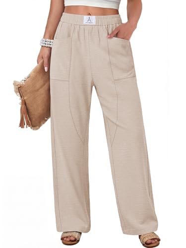 ANRABESS Womens Casual Pants 2026 Summer Loose Fit Lounge Pants with Pockets High Waisted Elastic Waist Straight Leg Trousers Parchment XXL