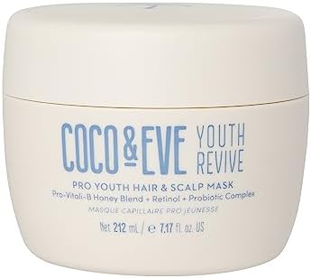 Coco & Eve Pro Youth Hair & Scalp Mask. Anti-aging, strength, shine, volume. Regulate dandruff. With honey, retinol for youthful hydrated hair.