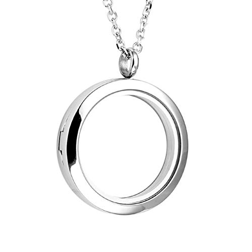 Zysta Silver Round Locket Pendant Necklace 30mm Glossy Stainless Steel Clear Glass Living Memory Floating Charms Stone Storage3