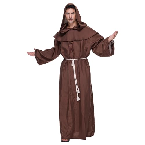 EraSpooky Adult Men Friar Medieval Hooded Robe Monk Renaissance Priest Costume