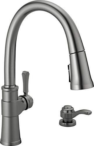 Greatest Product Delta Faucet Spargo Black Stainless Kitchen Faucet, Kitchen Faucets with Pull Down Sprayer, Kitchen Sink Faucet, Faucet for Kitchen Sink, Soap Dispenser, Black Stainless 19964Z-KSSD-DST