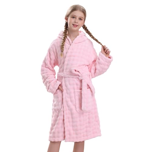 V.&GRIN Girls Hooded Towel Robe, Super Absorbent Quick-Dry Kids Bathrobe for Bath & Pool - Solid Colors Bubble Texture