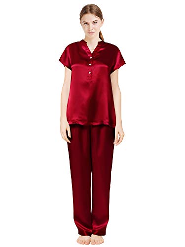 ElleSilk 100% Seda Pijama para Mujer, Conjunto de Camisas y Pantalones de Seda, 22 Momme, Rojo Oscuro, M