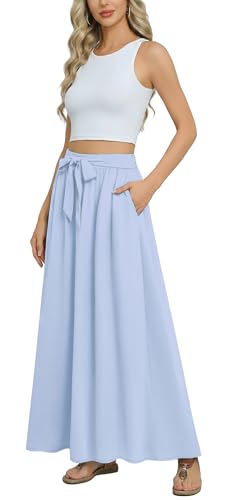 Askyes Womens Long Skirts Summer High Waisted A-Line Casual Work Tie Knot Flowy Swing Long Skirts with Pockets,Light Blue,M