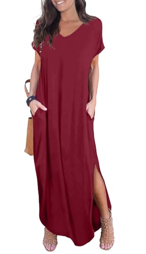 Image of GRECERELLE Women's Summer Maxi Dress Casual Loose V Neck Short Sleeve Side Split Long Dresses with Functional Pockets