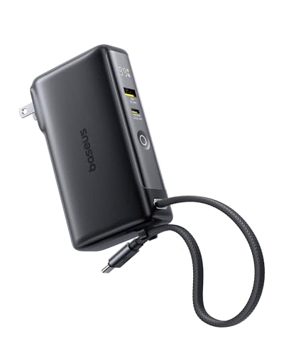 Baseus Nomos 3-in-1 Power Bank, 10,000mAh 35W Portable Charger and 67W Foldable Wall Plug, Travel Essentials Battery Pack Built-in USB-C Cable, for iPhone 16 15 Series, Samsung, MacBook, Laptop
