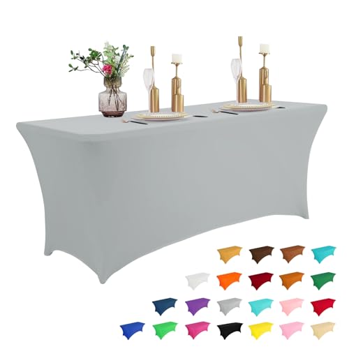Image of IVAPUPU 6FT Table Cloth for Rectangular Fitted Events Stretch Grey Table Covers Washable Cover Spandex Tablecloth Protector for Party, Wedding, Cocktail, Banquet, Festival
