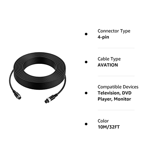 Ekylin 32Ft 10M Car Video 4-Pin Aviation Extension Cable For Cctv Rearview Camera Truck Trailer Camper Bus Vehicle Backup Monitor System Waterproof Shockproof #TOP7