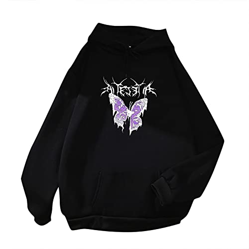 Lilygodx Sudaderas Mujer Baratas Basicas con Capucha Stitch Impresión Personalizado Anime Lindo Vintage Aesthetic Chica Retro originales tumblr largas Lisas Anchas Deportivos CAS19 (Negro, M) Cover