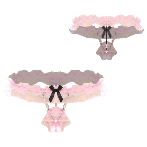 inlzdz Slip Hombre Hollow out Calzoncillo Pijama Transparente Tanga Bikini Bordado Encaje Floral Ropa Interior Rosa Talla única