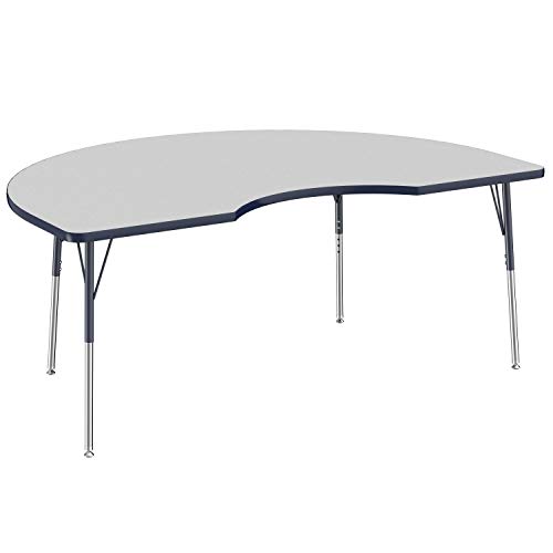Image of Factory Direct Partners 10085-GYNV Kidney Activity School and Office Table (48 inch x 72 inch), Standard Legs with Swivel Glides, Adjustable Height 19-30 inch - Gray Top and Navy Edge