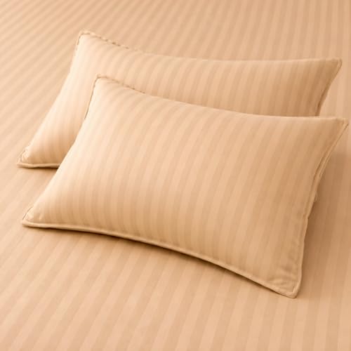 Image of Prozone Premium Satin Stripe Double Bedsheet with 2 Pillow Covers | Soft & Luxury Hotel Style Bedding for Double Bed (Beige)