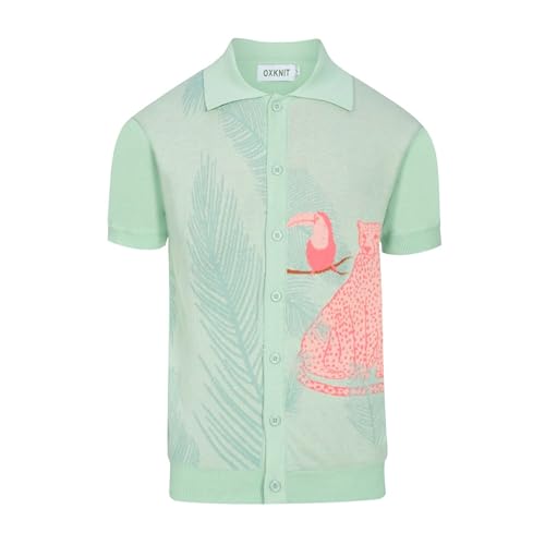 Men's Knitted Polo Shirt, 1960s Mod Style Retro Animal Pattern Poloshirt with Button, Light Green