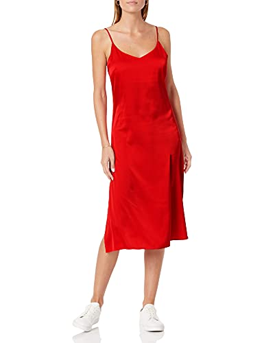 The Drop Ana Vestido de estilo lencero de largo medio y efecto de seda con cuello de pico para Mujer, Rojo, S