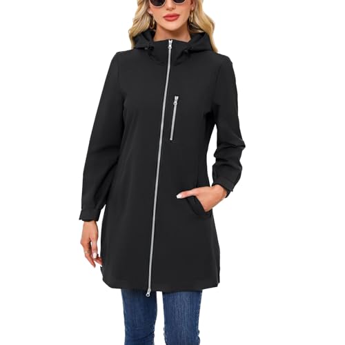 Women's Hooded Rain Jackets Waterproof Outerwear Fall Casual Anoraks Hood Thigh Length Pockets Long Full Zip Coat
